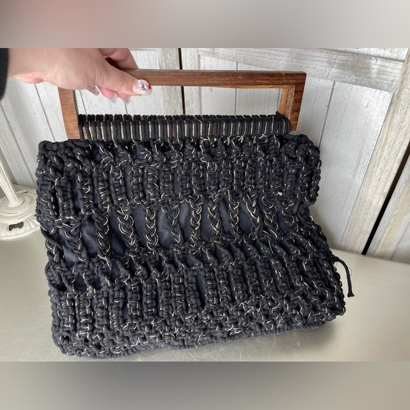 New! CLEOBELLA Wooden Handles Cotton Crochet Macrame Tote Top Handle Bag Black - Picture 2 of 8